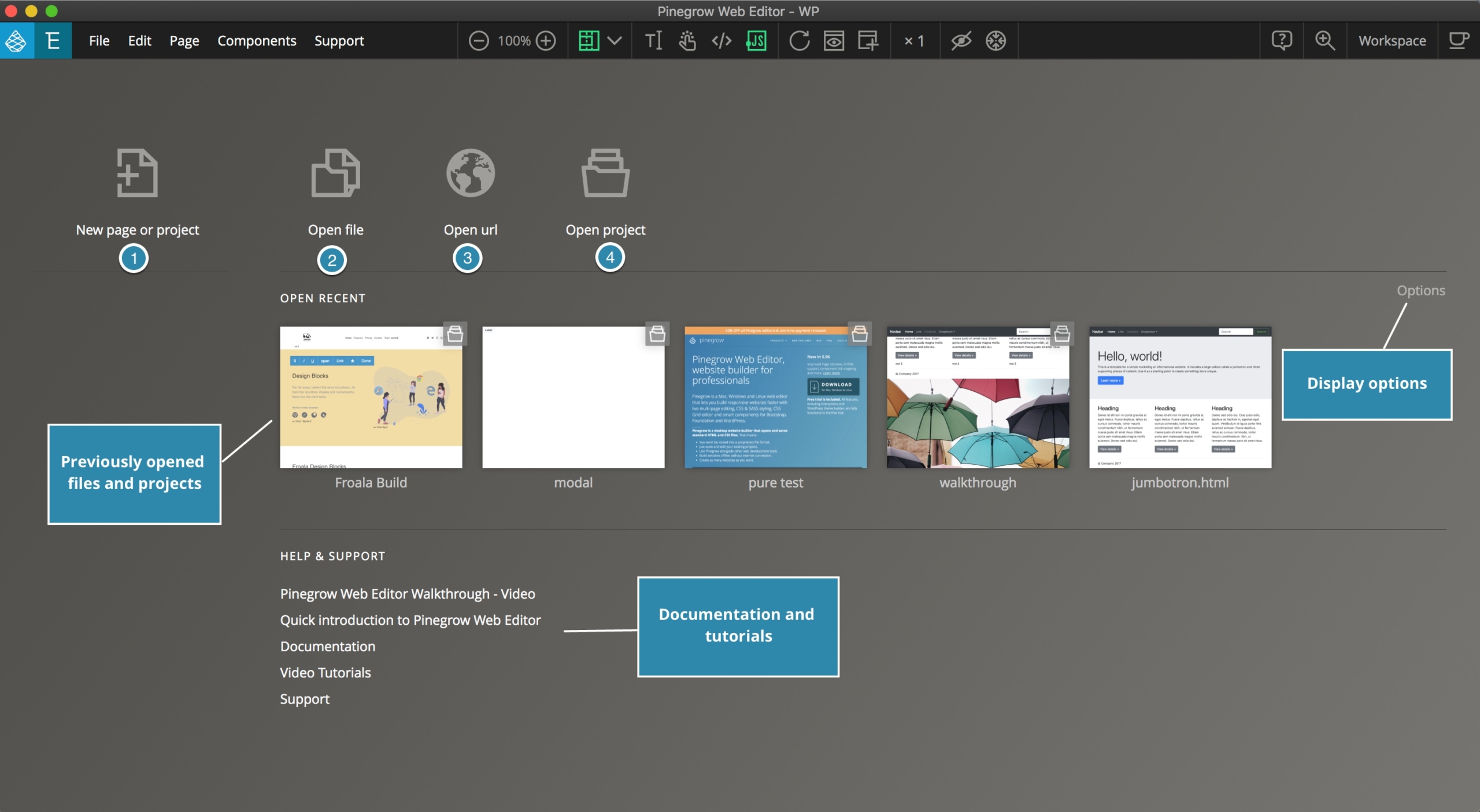 Screenshot of the Pinegrow Web Editor start screen
