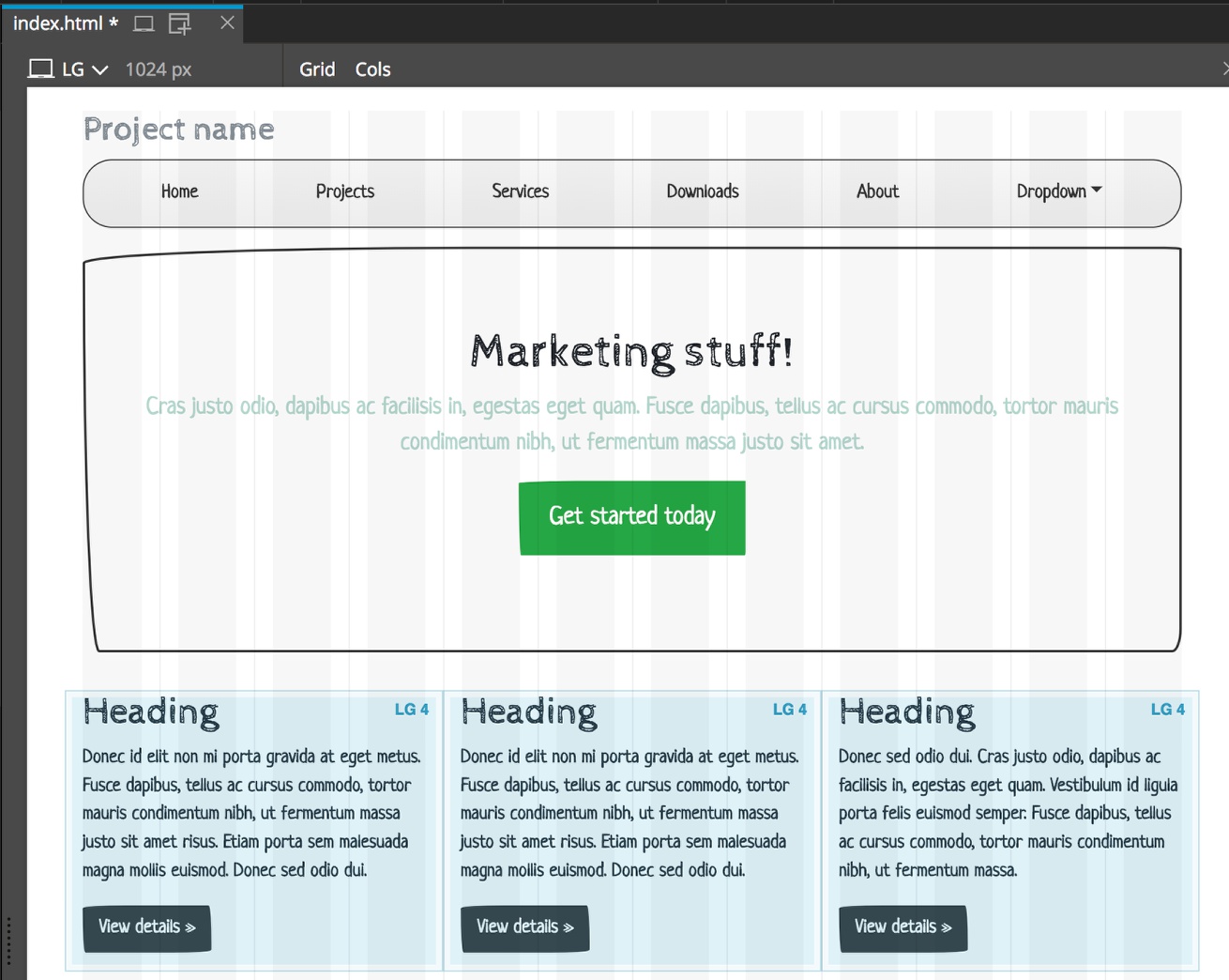 Screenshot of the Pinegrow Bootstrap project with customized styling