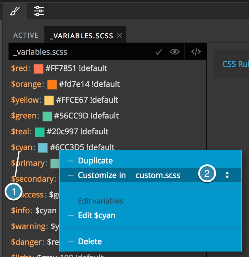 Screenshot of selecting a variable and copying it to the custom.scss sheet