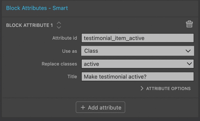 Active class block attribute toggle in Pinegrow