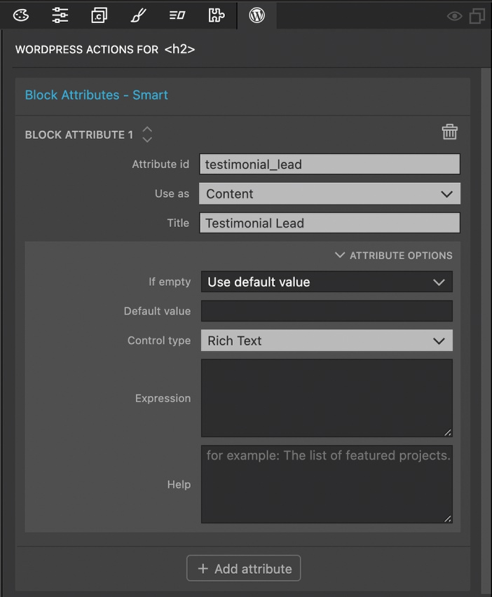 Example Block attribute control action in Pinegrow