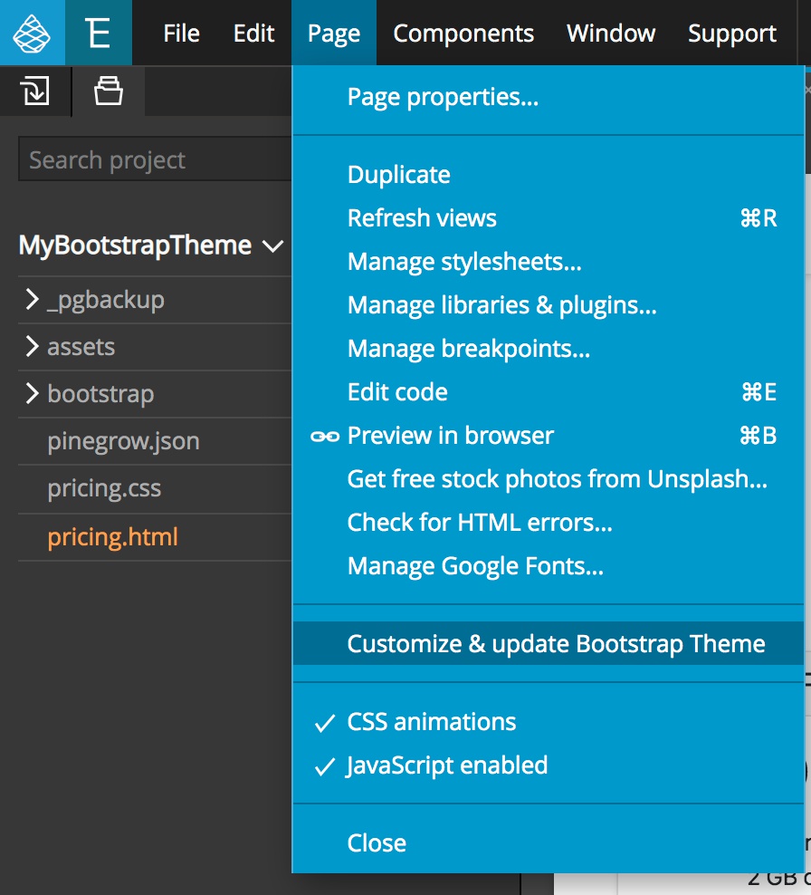 Bootstrap customization menu item in Pinegrow