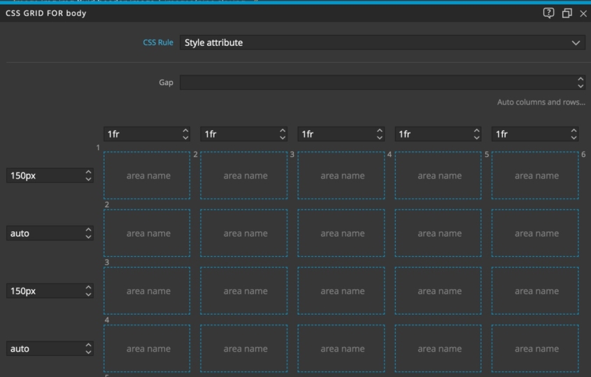 Setting row sizes in the Pinegrow Grid editor