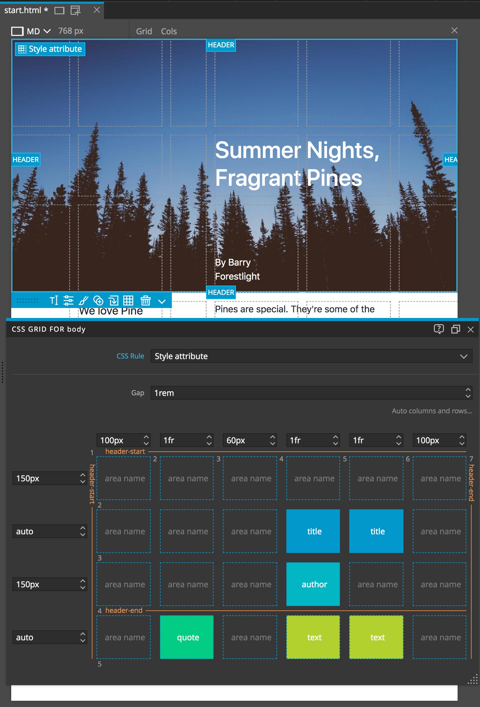 Header image with named track tabs in the Pinegrow Page View.