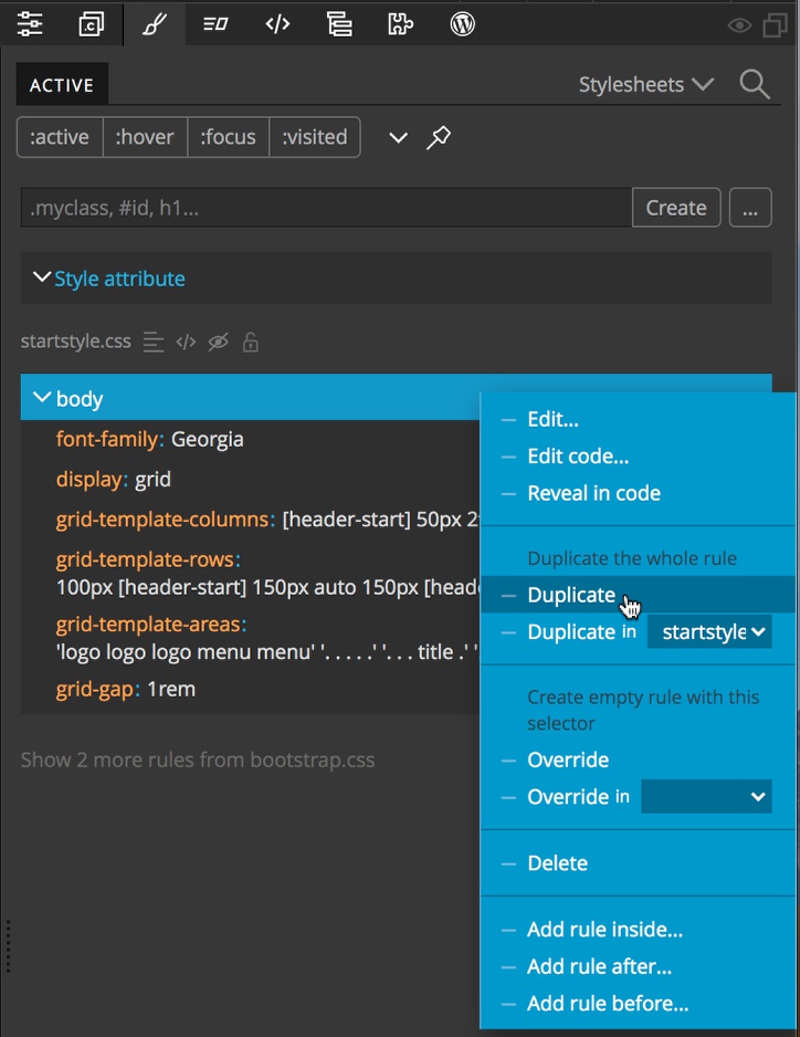 The Pinegrow Styles panel allows rule duplication for adding media queries