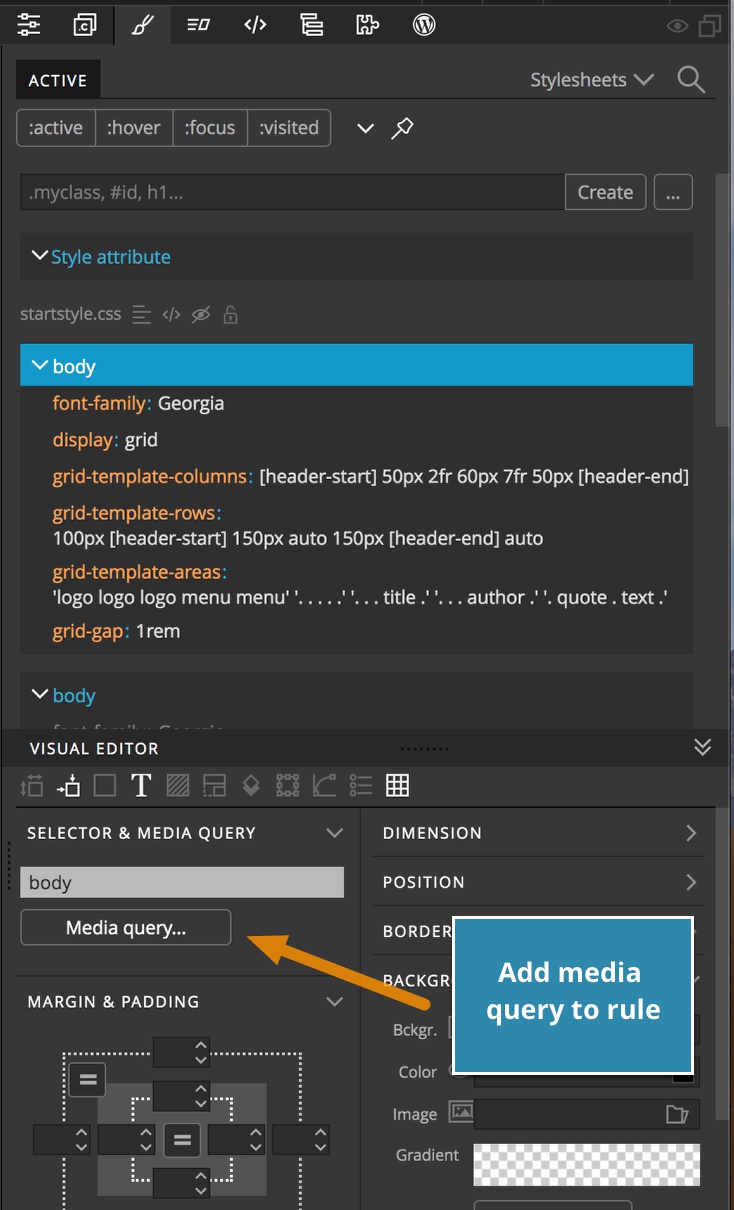 Adding a media query in the Pinegrow Styles panel