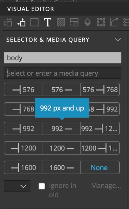 Pinegrow has easy media query selection