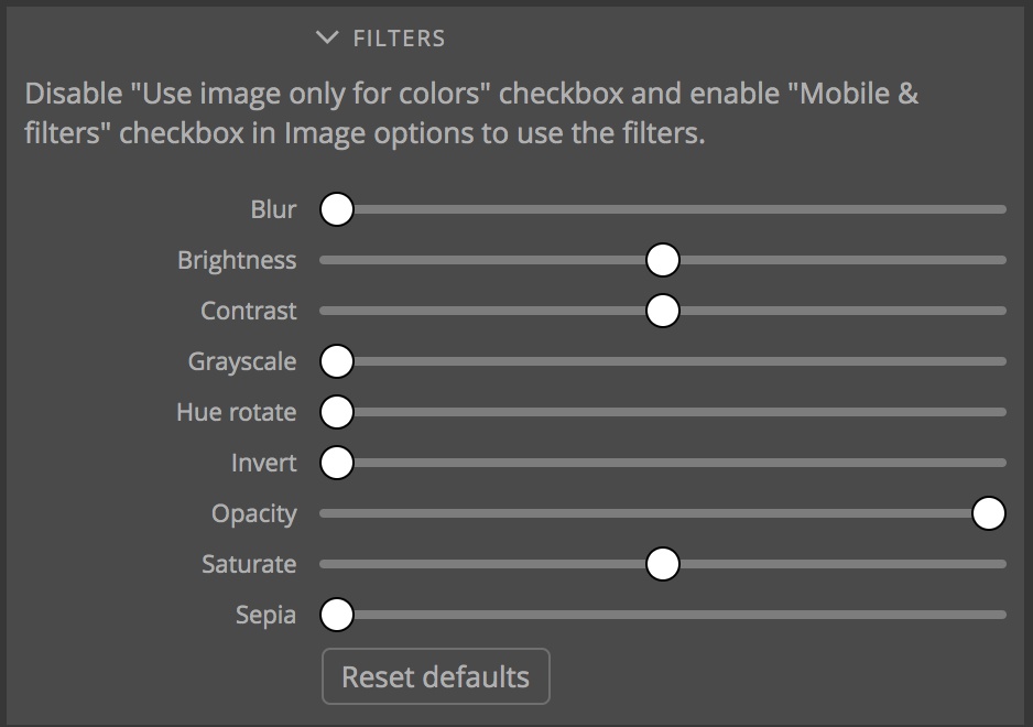 The Pinegrow Design panel Background Filters section