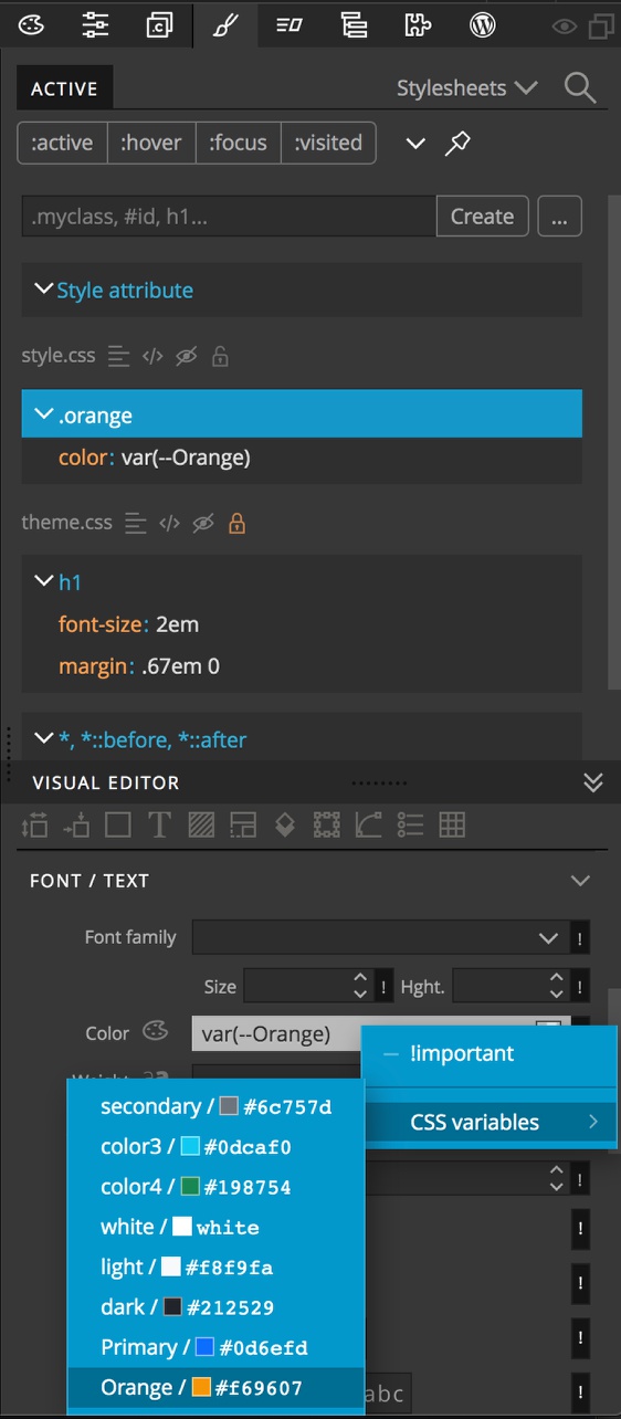 Variable in styling rule added by the Pinegrow Design panel