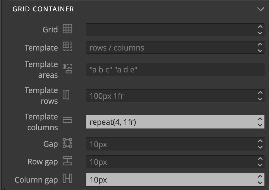 Screenshot of the grid container section of the visual editor