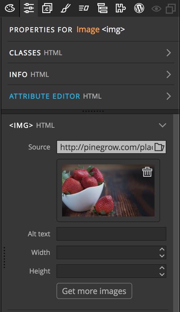 Changing an image source in the Pinegrow Properties panel