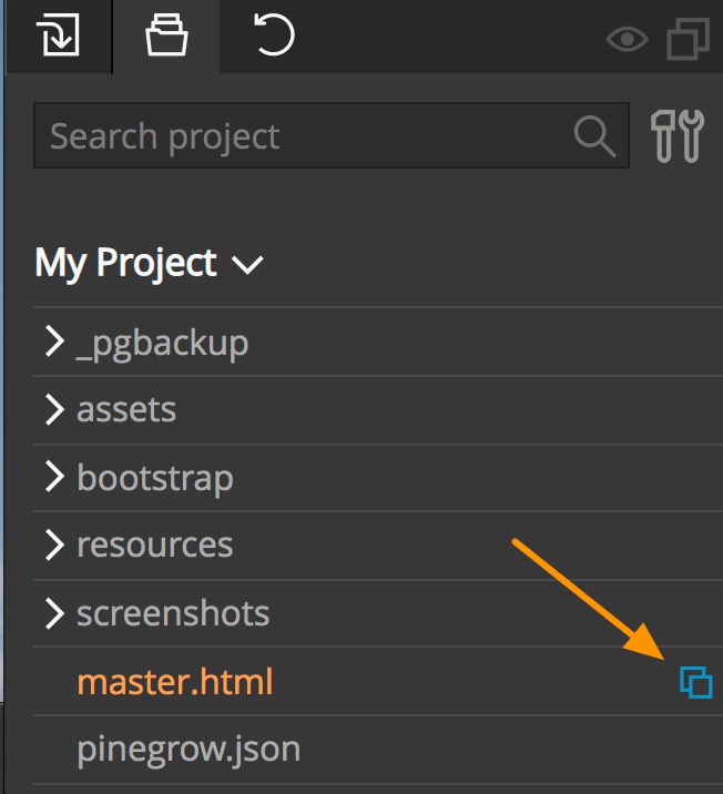 Master pages are designated in the Pinegrow Project panel by a blue pages icon