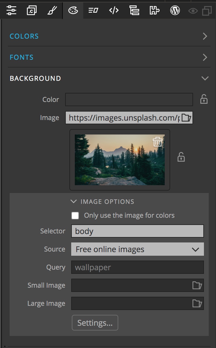 The Pinegrow Design panel Background section has mutiple options for setting background image for different sized screens