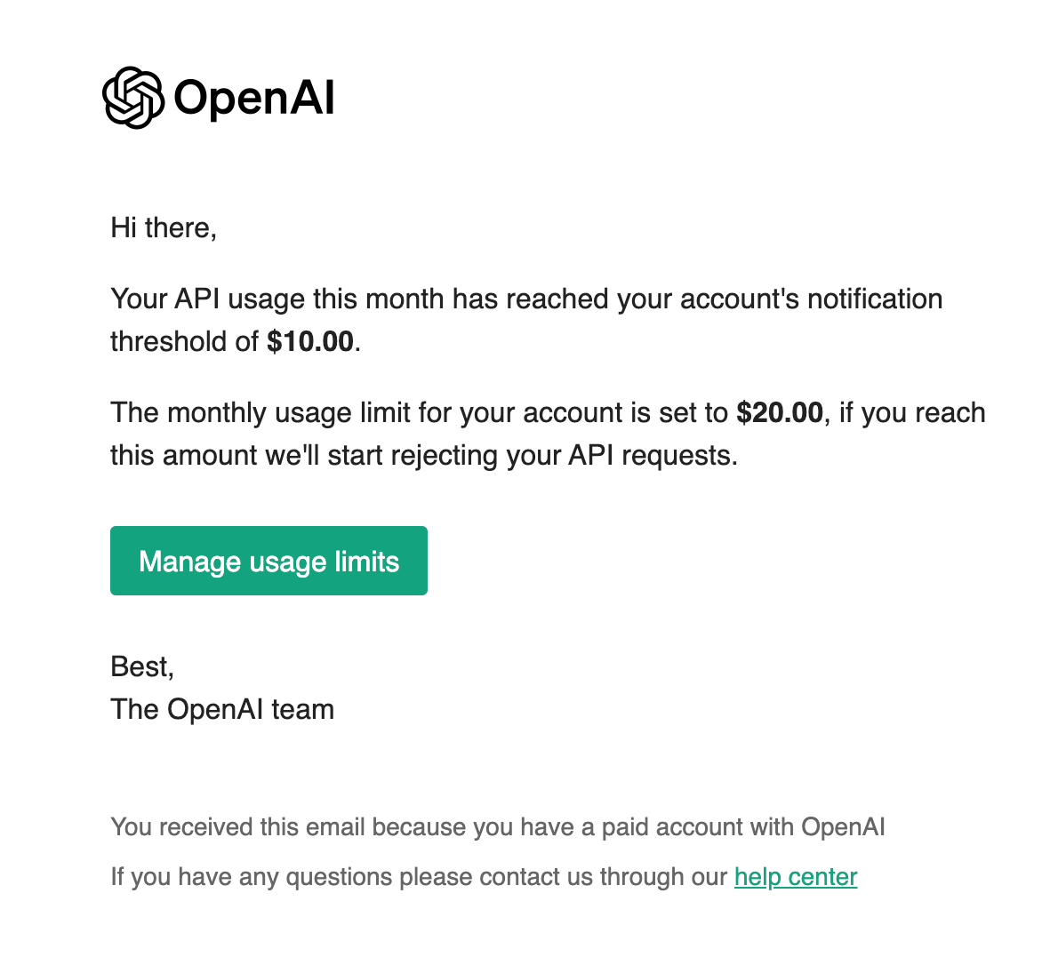 Email from OpenAI alerting the API usage has reached $10.00 with a limit of $20.00, including a "Manage usage limits" button and contact details through a help center link.