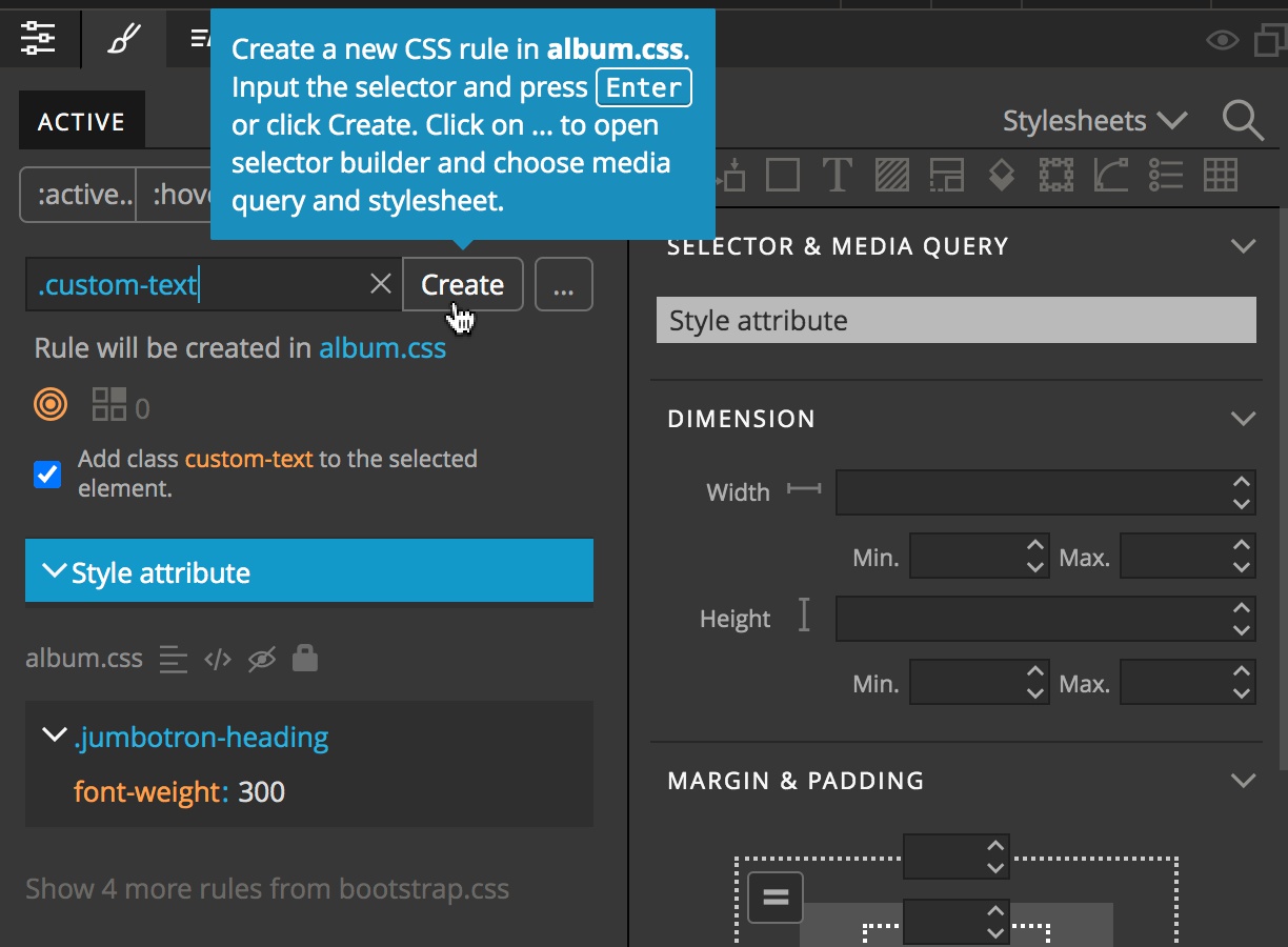 Screenshot of the steps to create a new ruleset in Pinegrow/