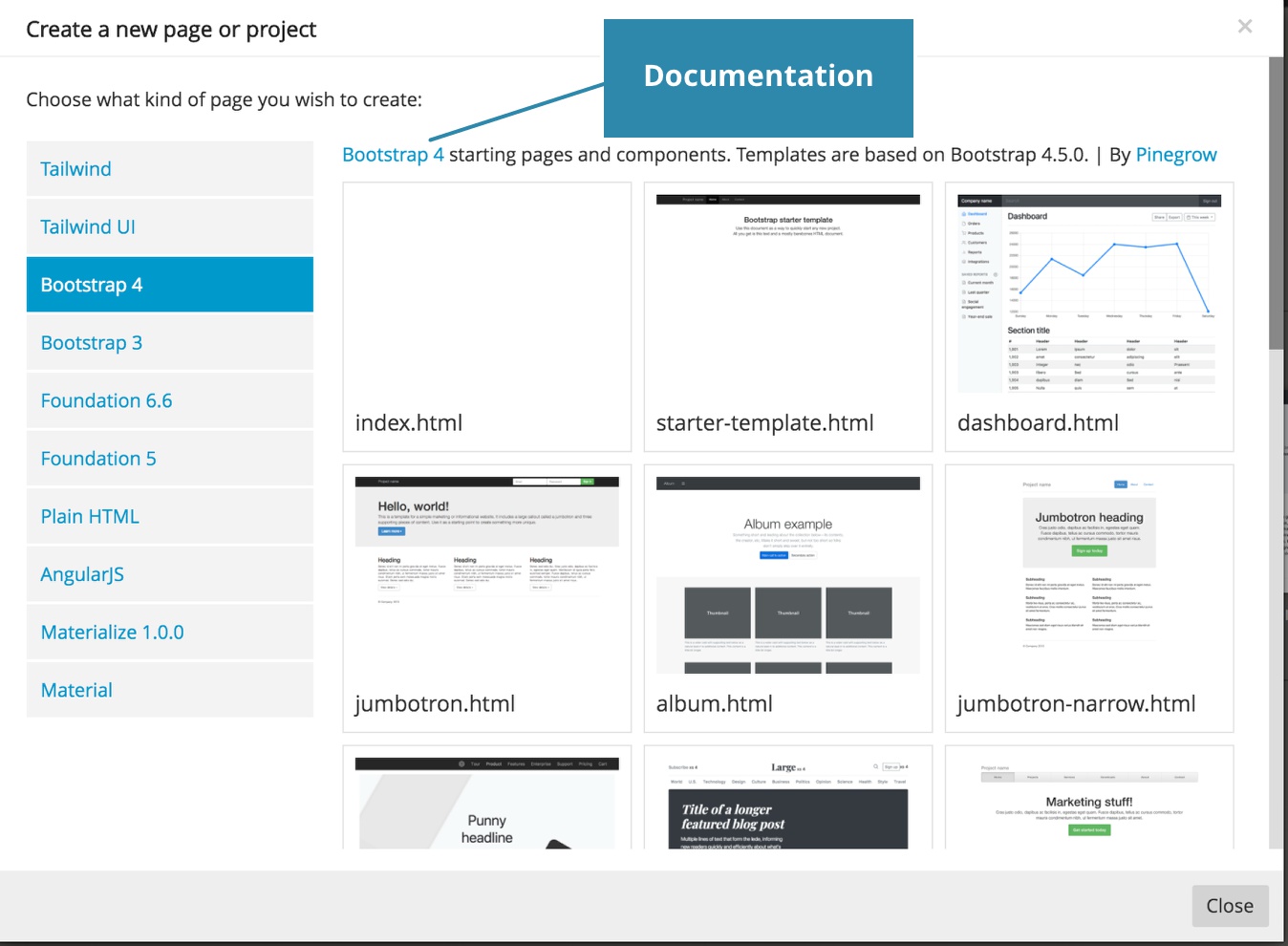 Screenshot of the framework and template selection modal.