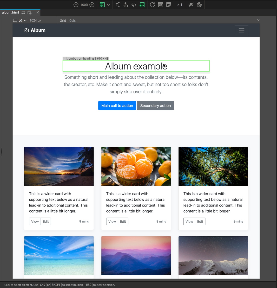 Screenshot of the Page View hover highlighting in Pinegrow.