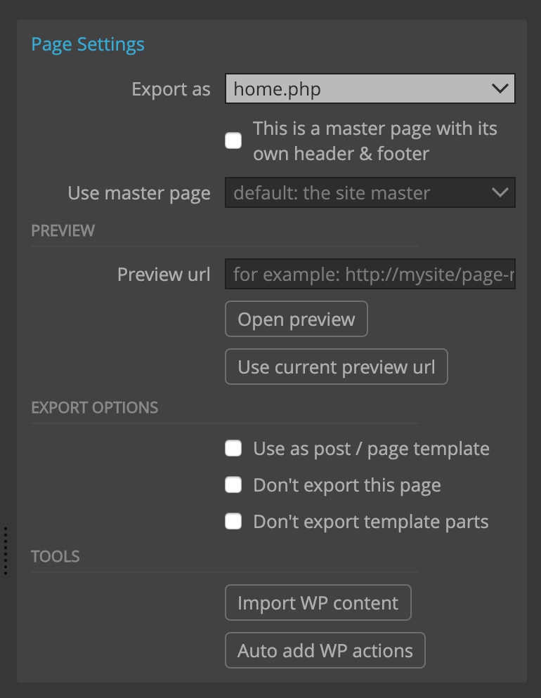 Settings for exporting the HTML page as a WordPress template file.