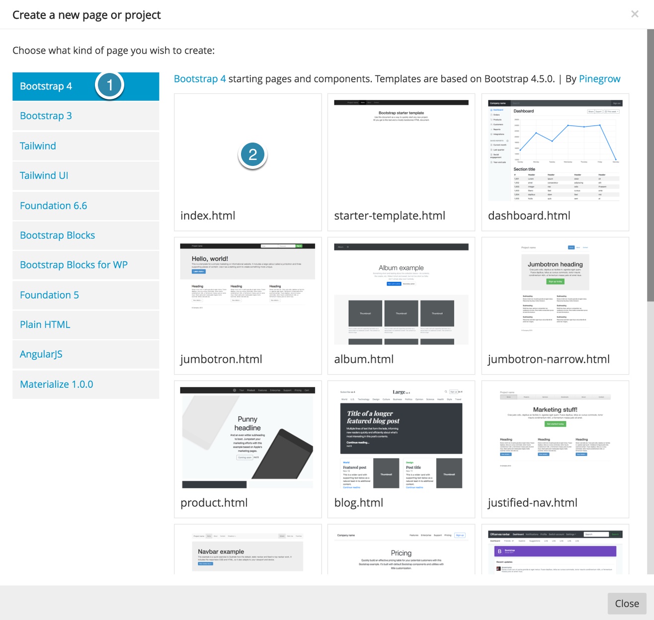 Screenshot of the Pinegrow Framework and template selection modal