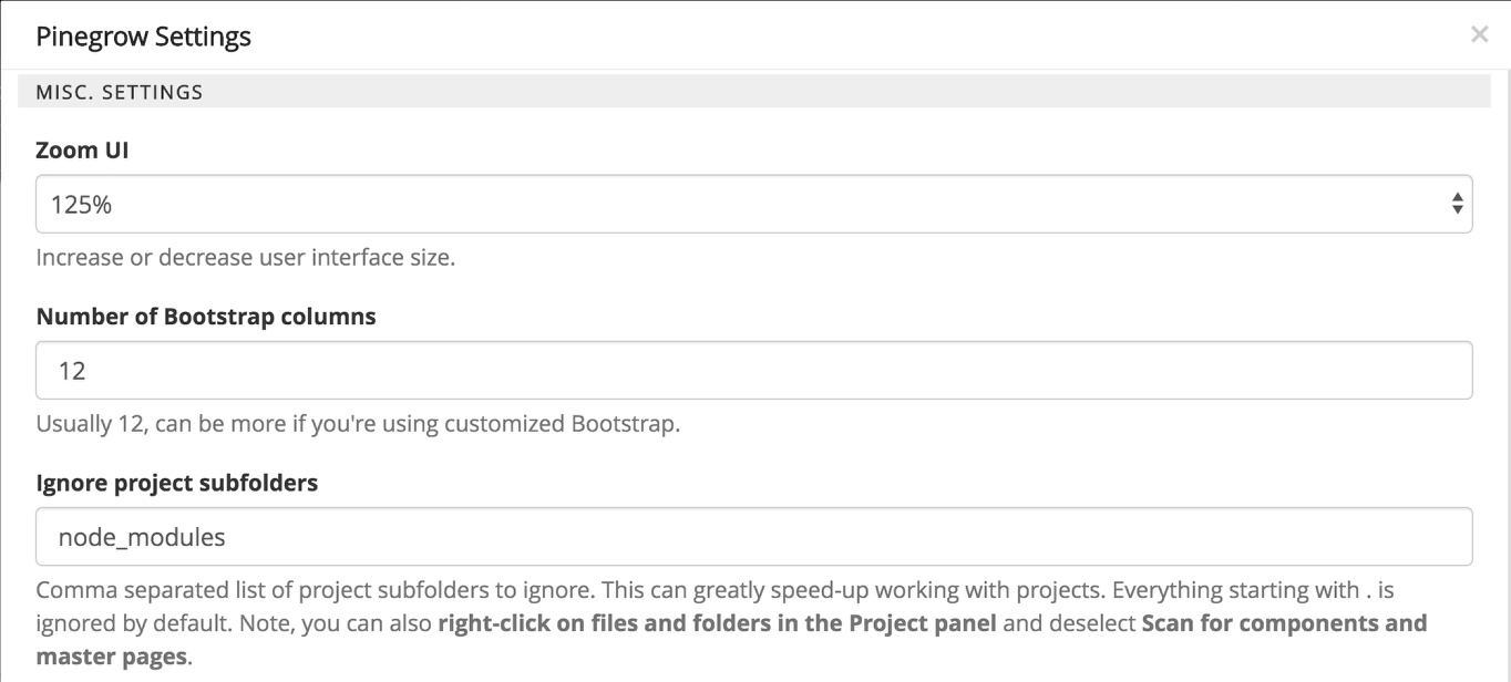 Screenshot of the Pinegrow settings modal to alter the folders visible in the Project panel
