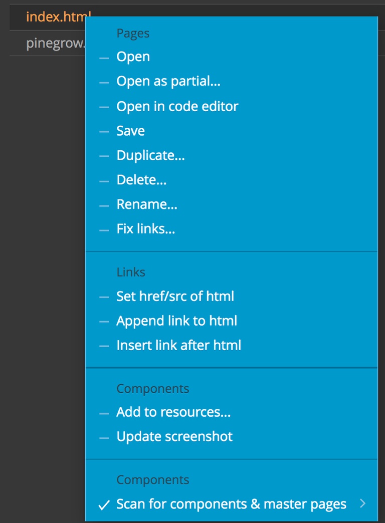 Screenshot of the Pinegrow Project HTML context menu