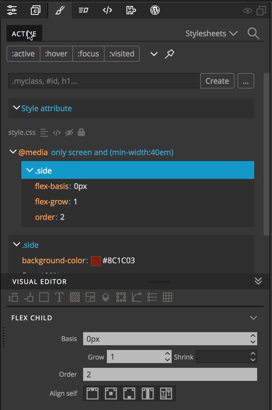 Adding media query styling in the Pinegrow Styles panel