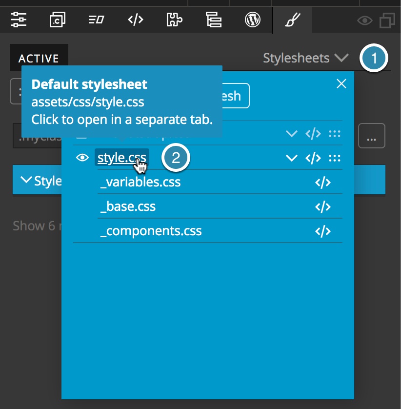 Stylesheet rules can be listed by clinking on the sheet name in the Pinegrow Style panel