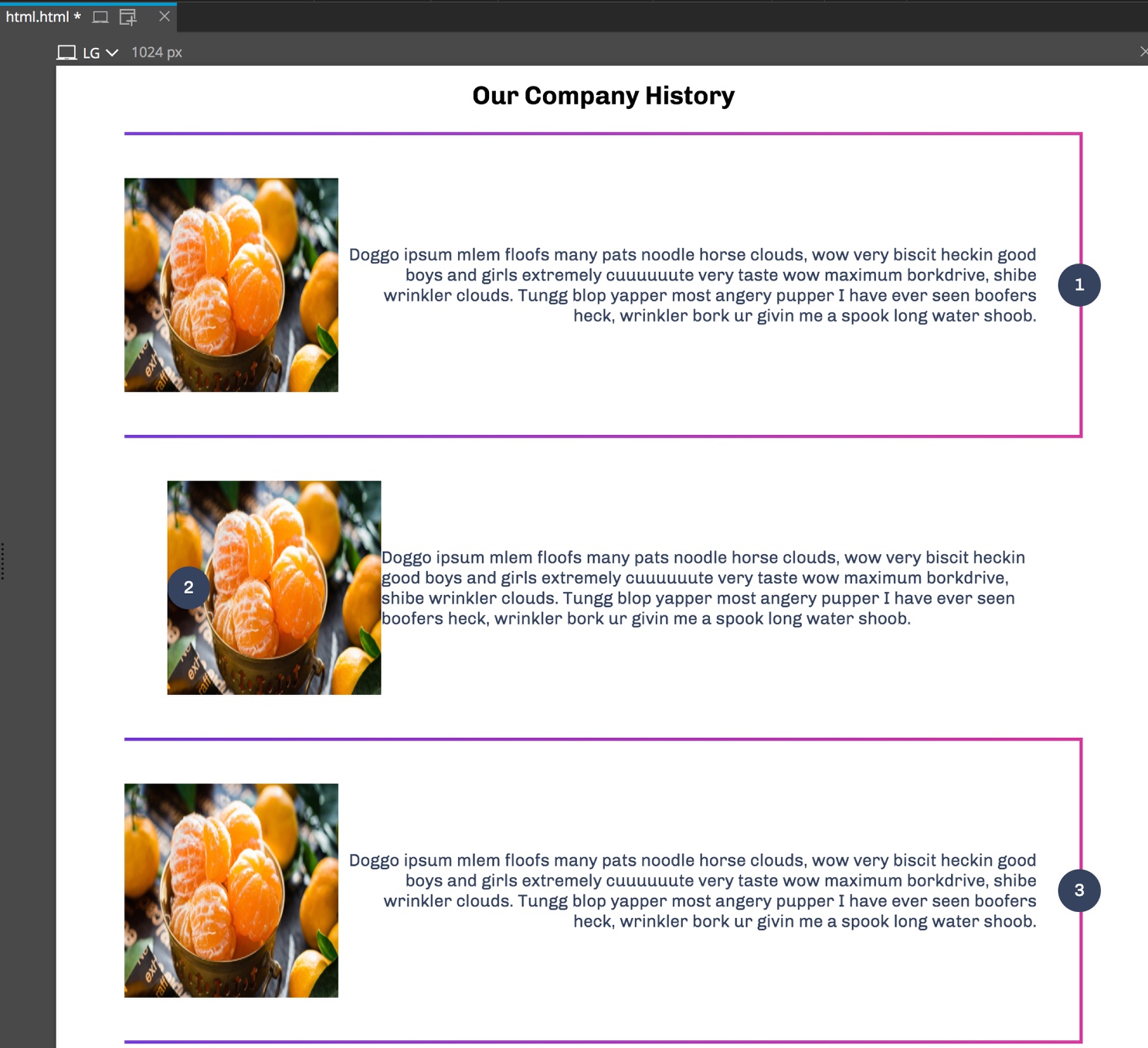 Timeline in progress in the Pinegrow Page View.