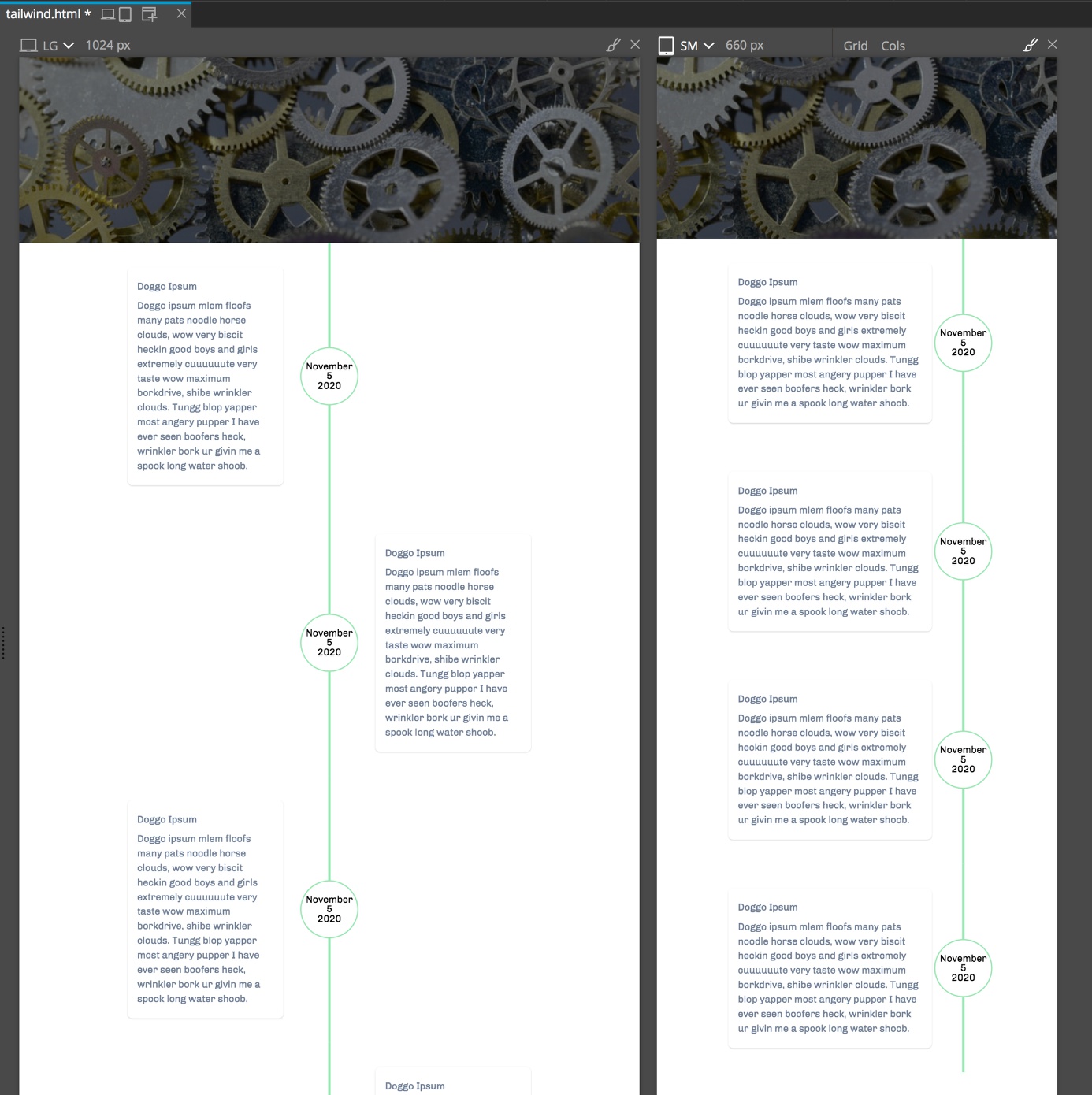 Final Tailwind timeline in the Pinegrow Page View panel.