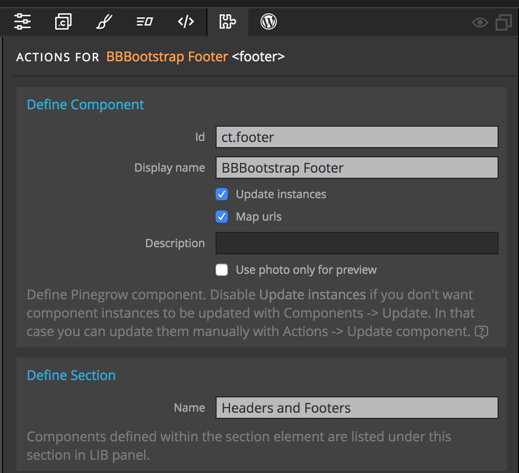 Screenshot of the Pinegrow Define Component and Section settings for the tutorial footer
